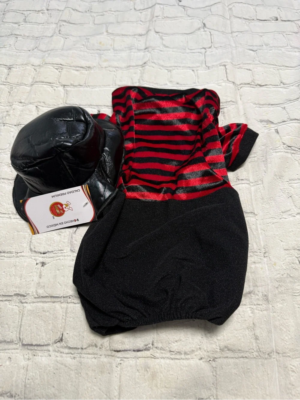 Pet Warrior Dog Red and Black Striped Costume with Black Hat. Halloween costume.